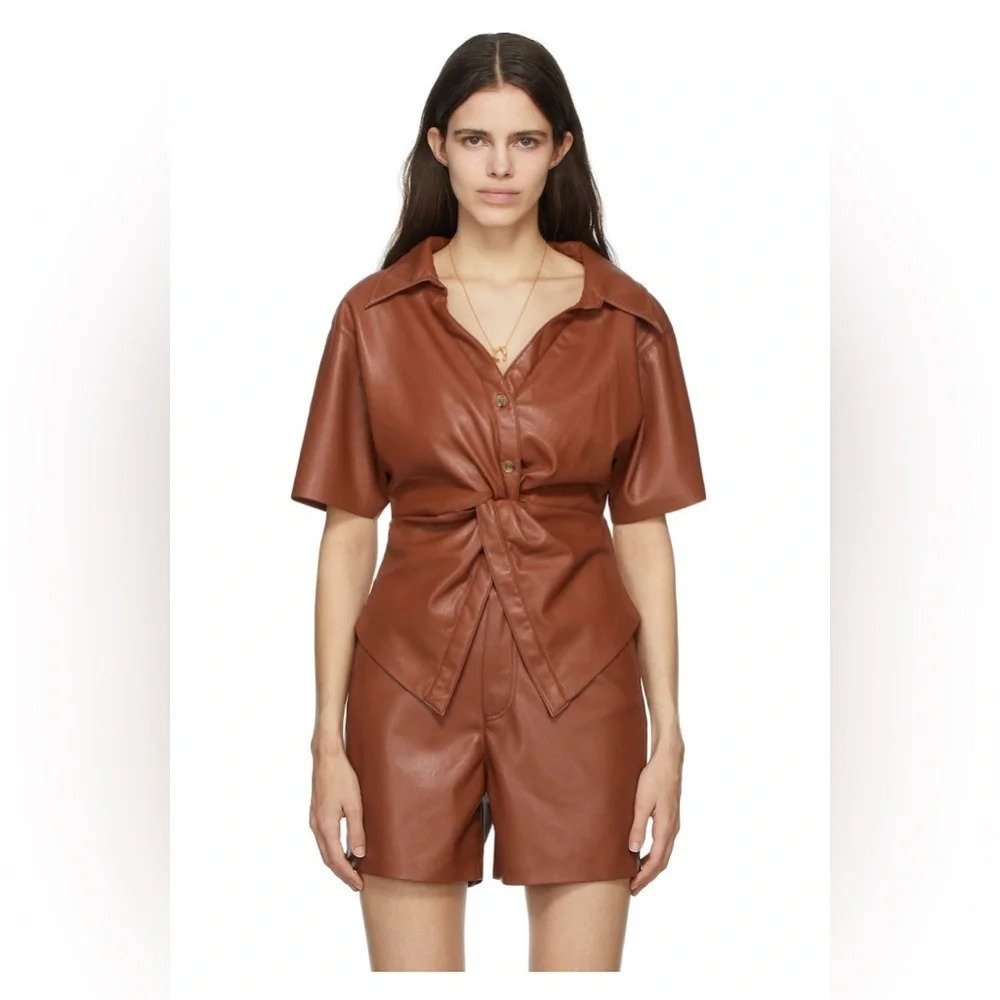 Nanushka Thora Twist Front Vegan Brown Faux Leather Top